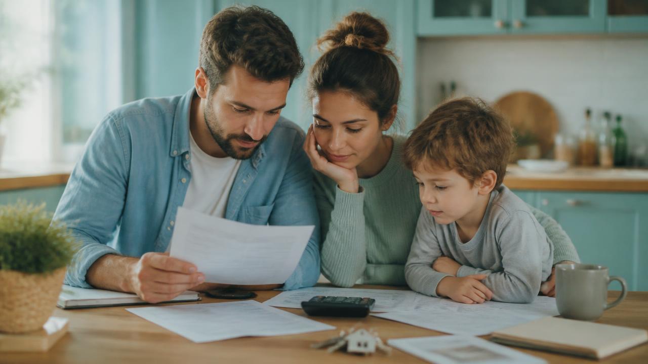 Familie tânără care revizuiește documentele bugetului locuinței la masa din bucătărie