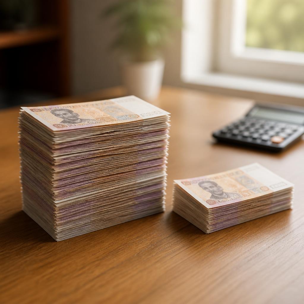 Două stive de bancnote pe birou, simbolizând decalajul salarial
