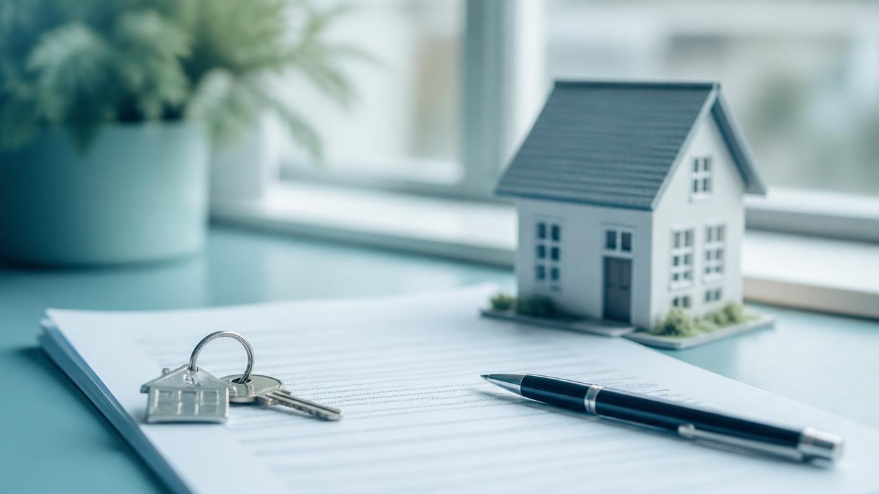 Contract de credit ipotecar cu chei și machetă de casă pe birou