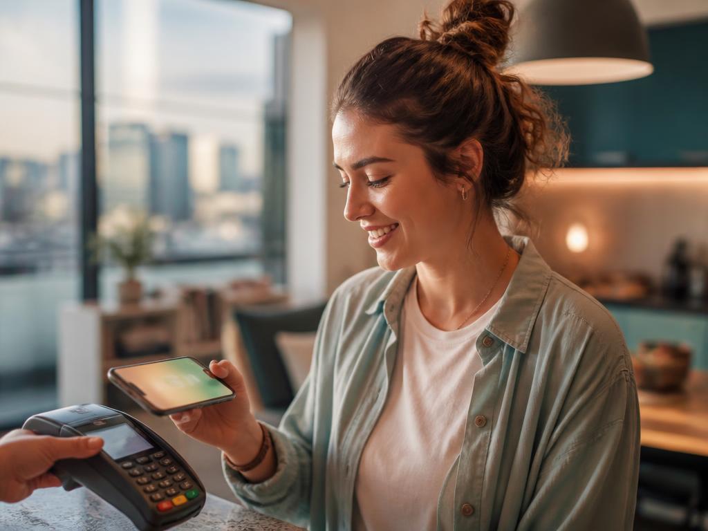 Persoană care confirmă o plată instant pe telefon, lângă un terminal POS