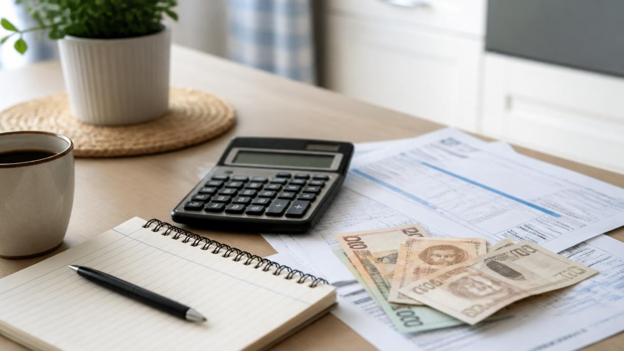 Buget familial calculat pe masa din bucătărie, cu facturi și bani