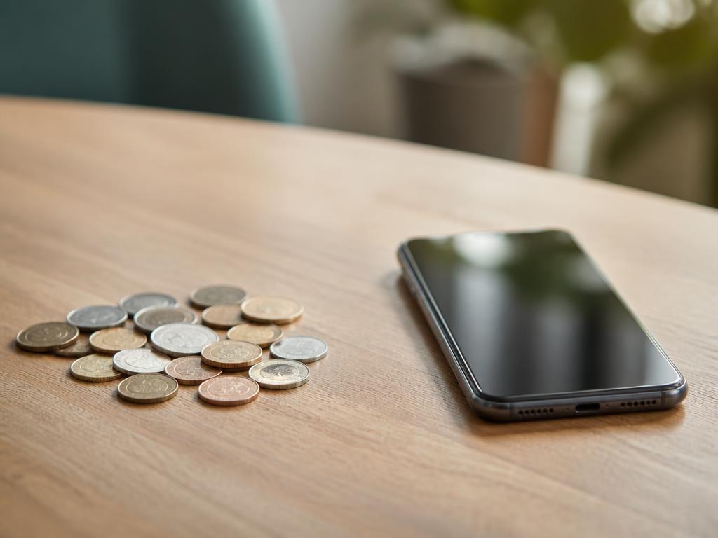 Monede și smartphone pe masă, simbolizând trecerea de la numerar la plăți digitale
