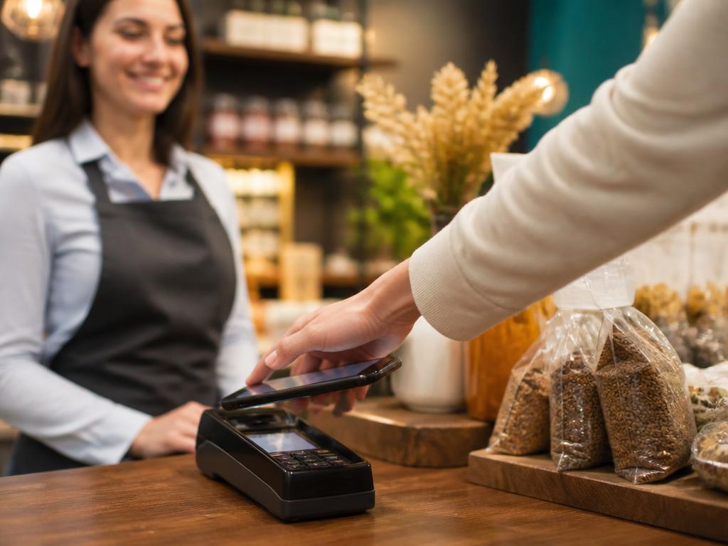 Plată contactless cu telefonul într-un magazin modern