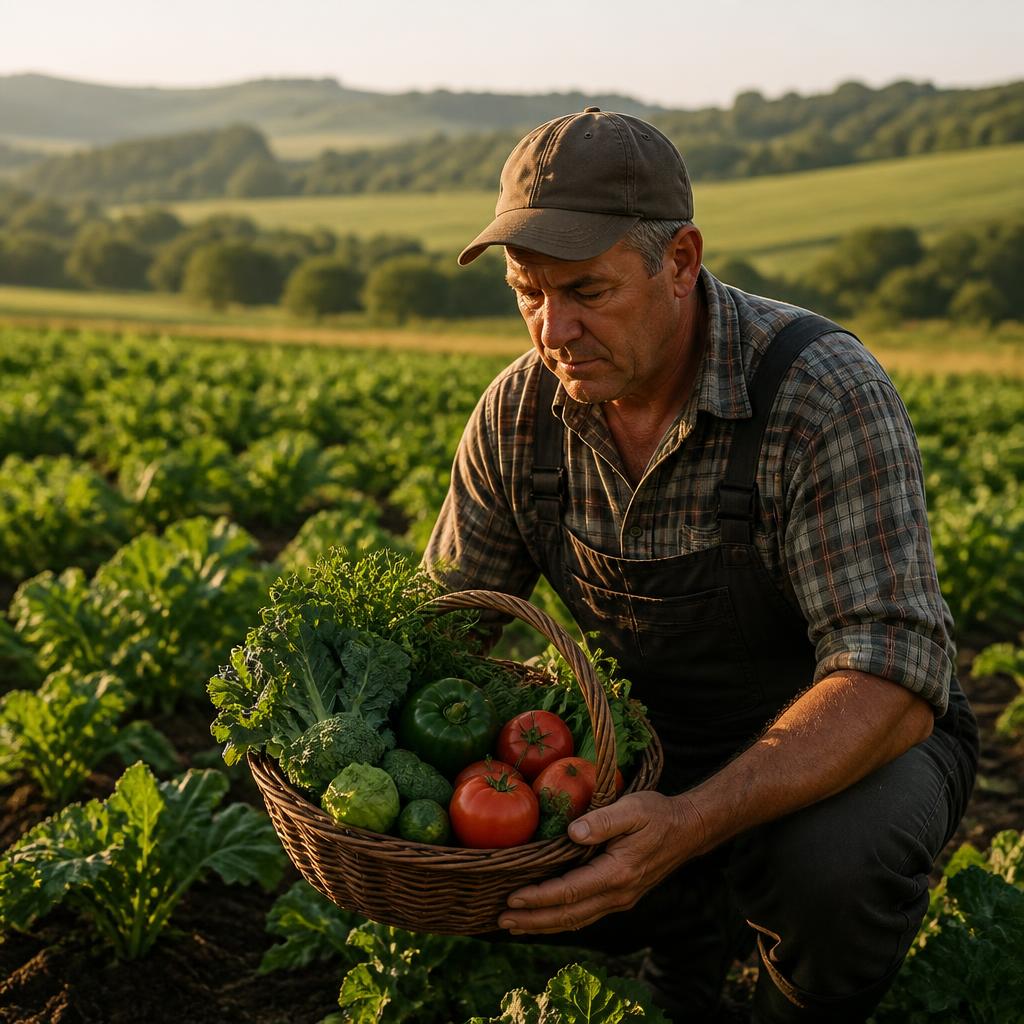 Fermier într-un câmp verde, simbolizând sectorul agricol