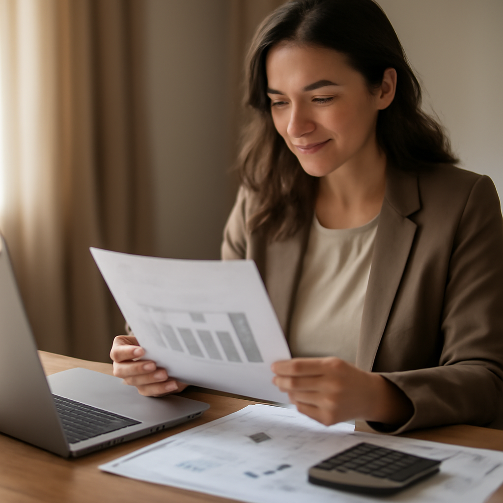 A professional, warm photo of a person reviewing financial documents at a desk, with a laptop and calculator, possibly showing a chart or graph related to credi