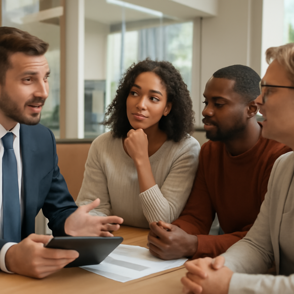 A diverse group of people in a modern bank setting, perhaps discussing loan options with a friendly bank employee, illustrating responsible financial decision-m