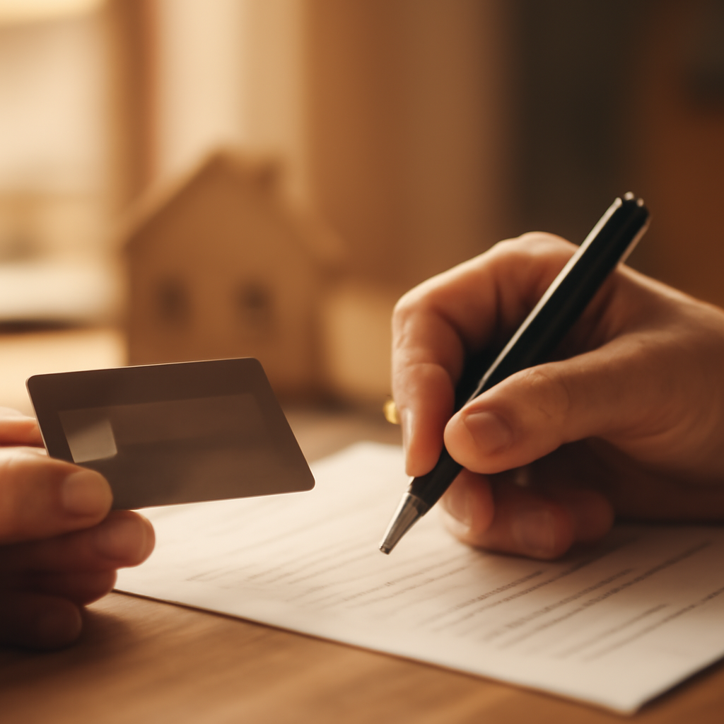 A close-up shot of hands holding a credit card or signing a document, subtly showing financial activity, with a background hinting at personal finance or a home