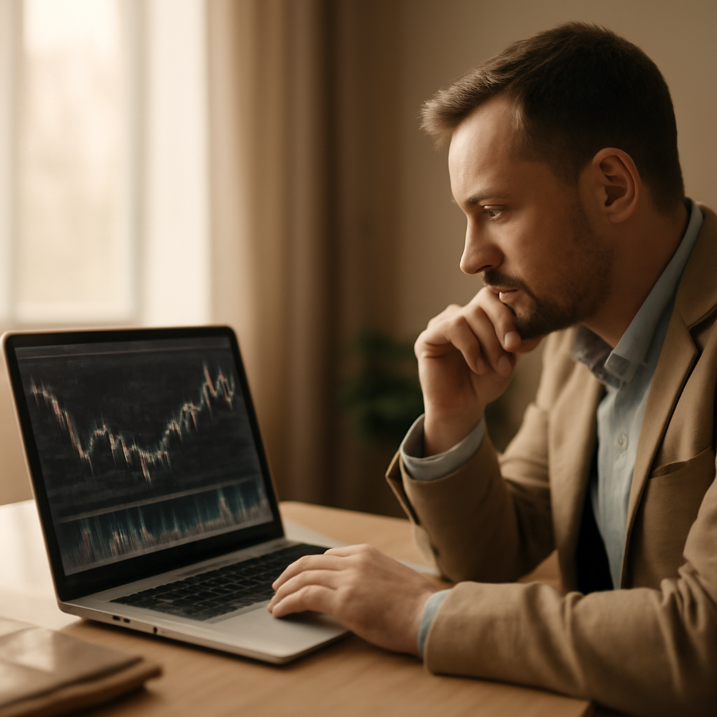 A person thoughtfully looking at a laptop screen displaying economic charts in an office setting, with soft natural light. Professional, warm tones.
