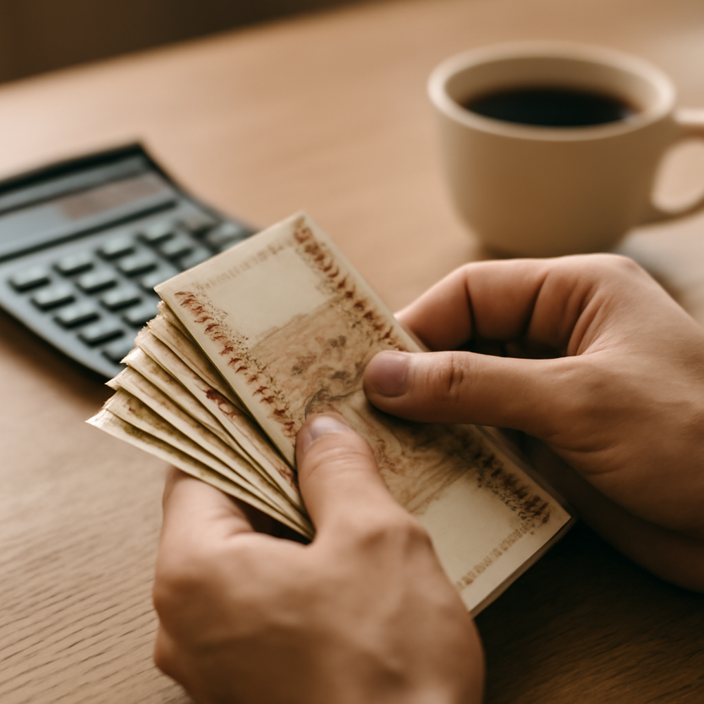 A close-up of hands counting Moldovan Lei banknotes on a wooden desk, next to a calculator and a coffee cup, conveying careful financial planning. Realistic, so