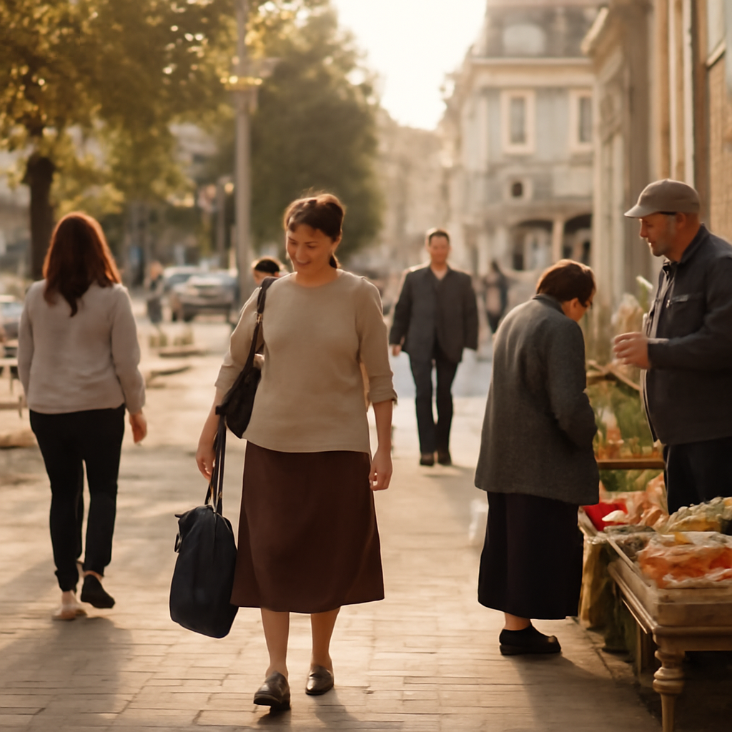 A serene street scene in Chișinău, with people going about their day, emphasizing the daily life impacted by economic trends. Captures a sense of community and 