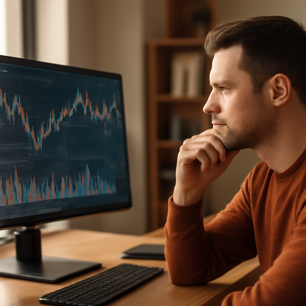 A person thoughtfully looking at a complex financial chart on a computer screen, reflecting on budget challenges and economic data. The office is modern and war