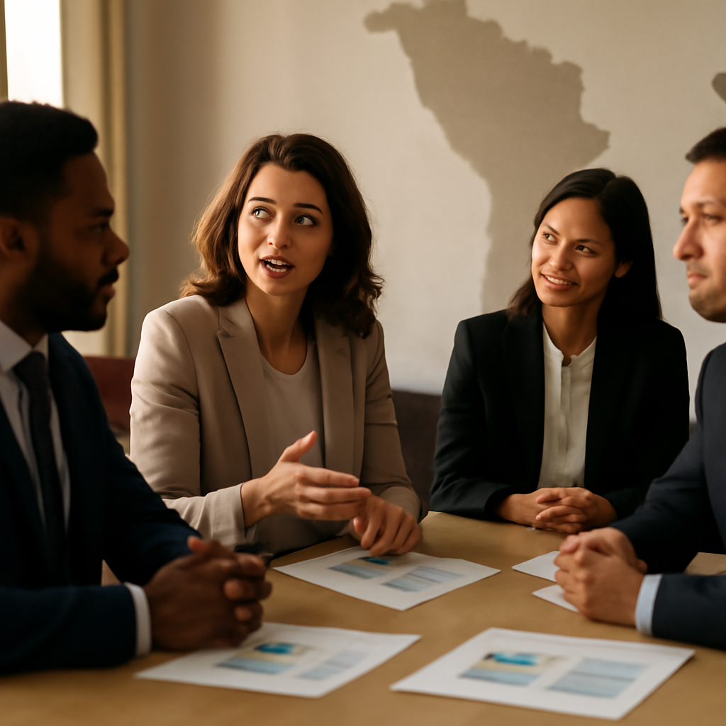 A diverse group of business professionals discussing economic reports in a well-lit meeting room, with a subtle map of Moldova in the background, conveying coll