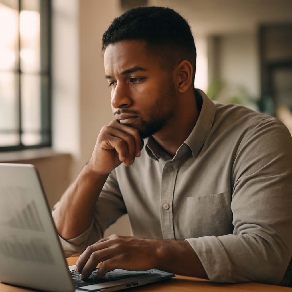A person thoughtfully looking at a laptop screen, with charts or financial data subtly displayed. Warm, natural light in a modern office setting.