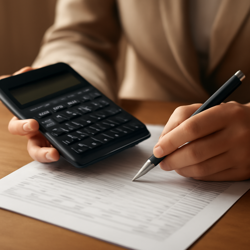 A close-up of hands holding a calculator and a pen over a bank statement or loan document. Professional and calm atmosphere.