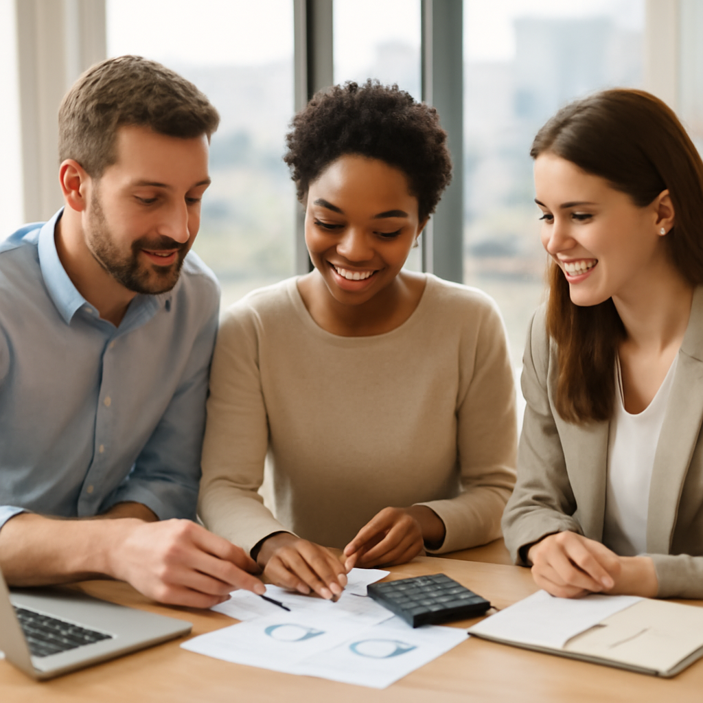 People discussing finances at a table in a bright, contemporary office space, with a visible, but blurred, city view in the background. Focus on collaborative a