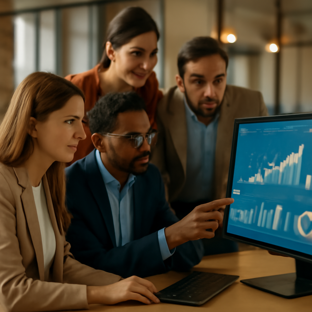 A group of diverse professionals in a modern office setting, looking at a screen with financial data and charts, symbolizing collaboration and innovation in Fin