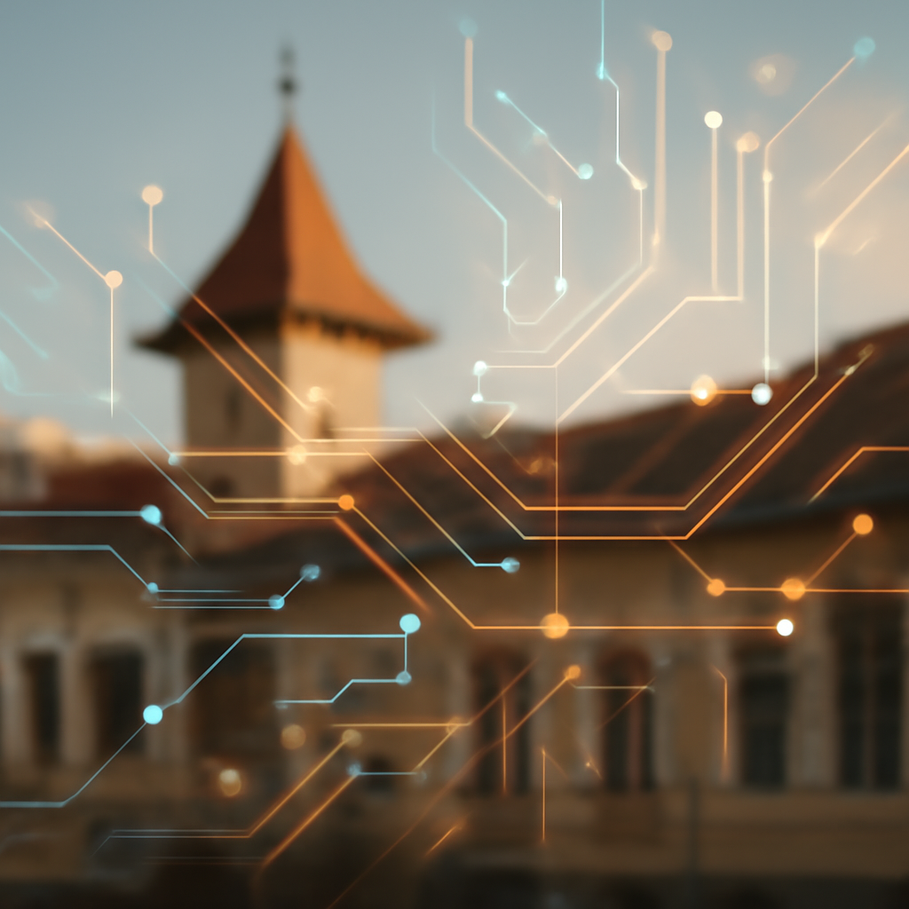 An abstract depiction of data flow and connectivity, with elements of traditional Moldovan architecture subtly integrated, symbolizing the blend of tradition an
