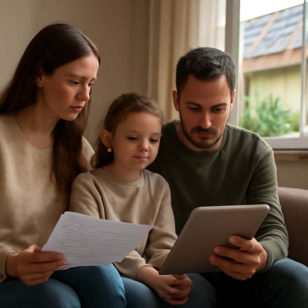 A cozy, natural light scene inside a Moldovan home with a family reviewing energy bills on a tablet, subtly hinting at solar panels on the roof through a window