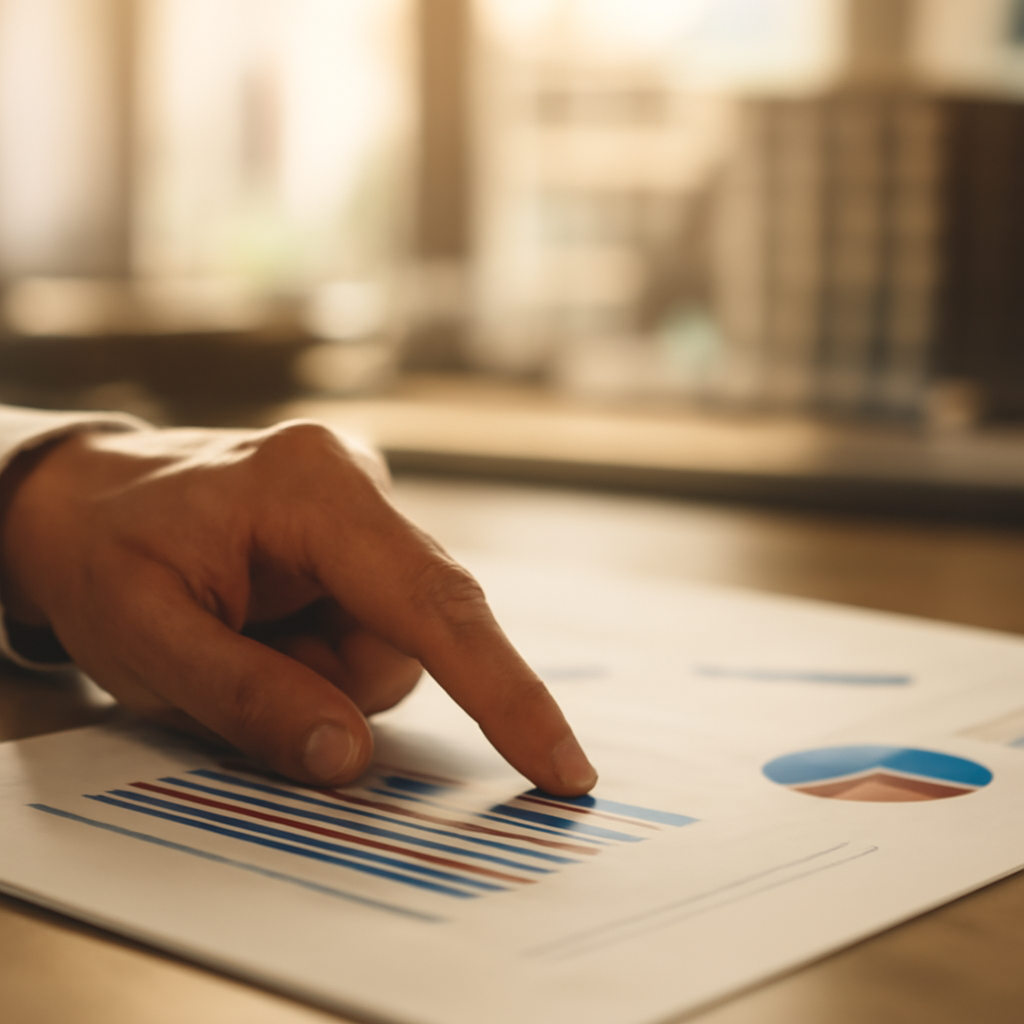 A close-up, warm and professional shot of a hand pointing to a section on a printed financial report or strategy document, with a blurred background of a modern