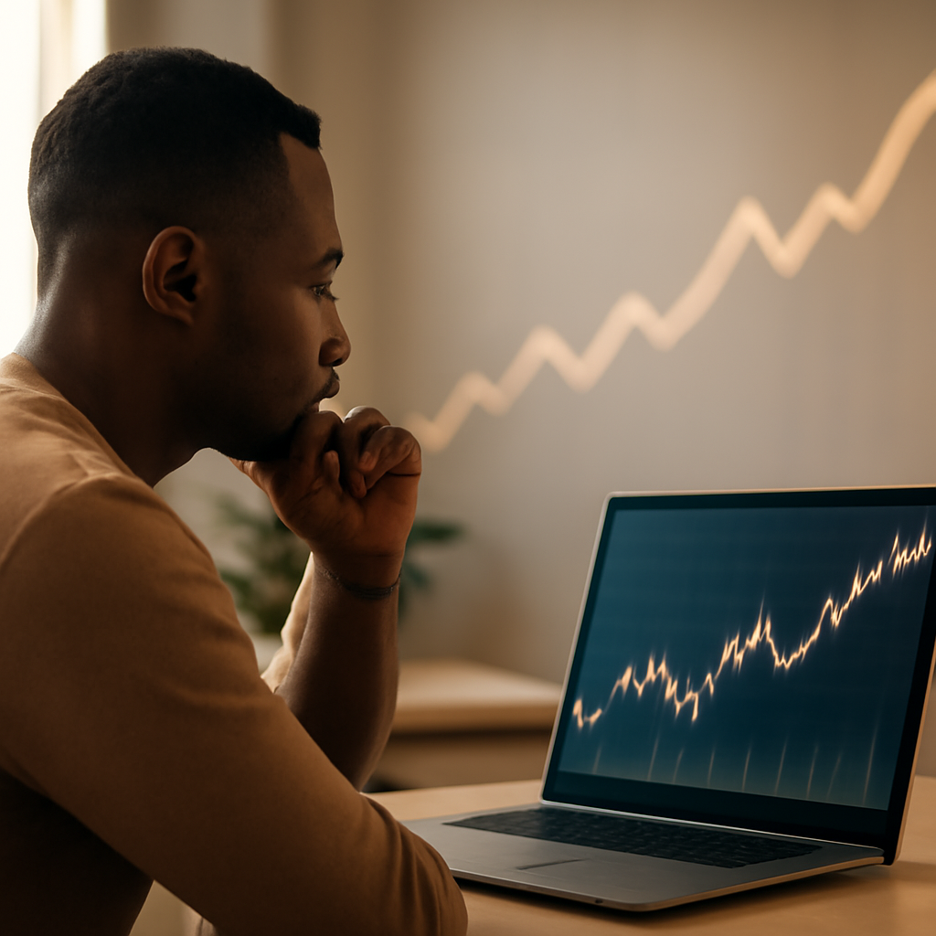 A person thoughtfully looking at a financial chart on a laptop screen in a modern office, with subtle indications of inflation (e.g., rising graph lines) in the