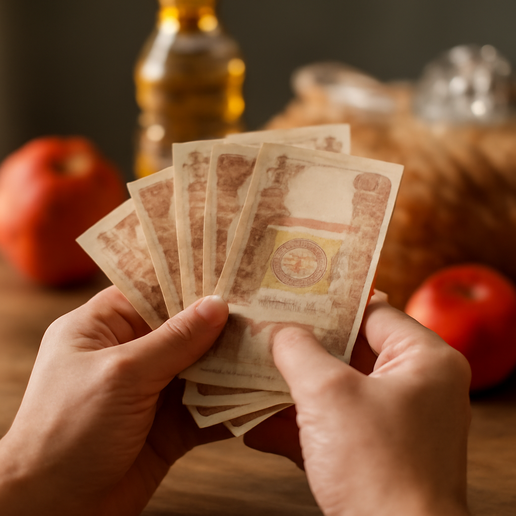 A close-up shot of hands holding Moldovan Lei banknotes, with some everyday grocery items slightly blurred in the background, conveying the impact of inflation 