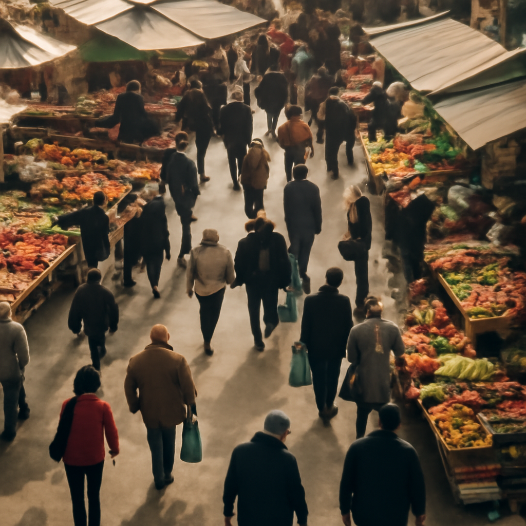 An aerial view of a bustling market in Chisinau, Moldova, with people going about their daily shopping, representing the broader economic activity affected by i