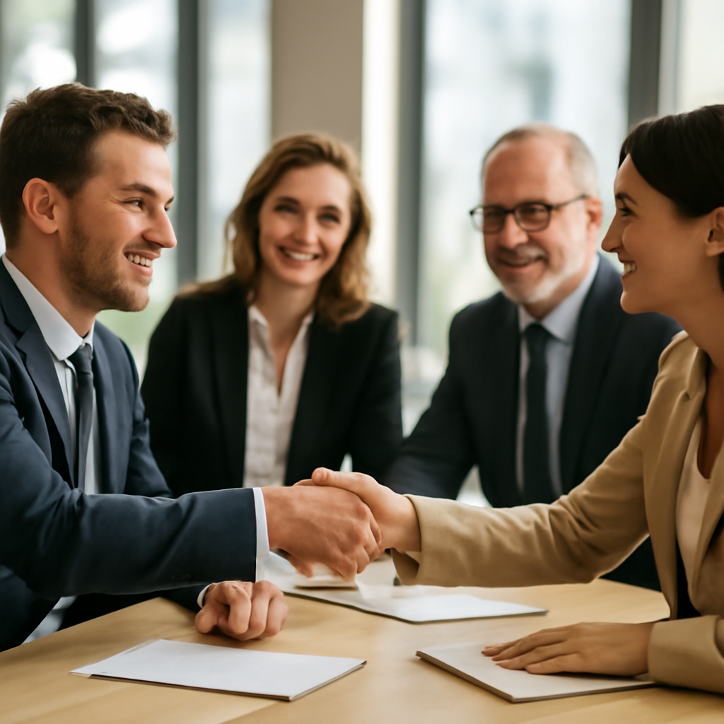 A diverse group of business professionals from various European countries, including a Moldovan representative, shaking hands warmly at a modern conference tabl