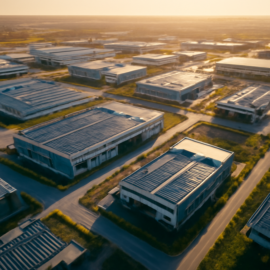 An aerial view of a bustling industrial park in Moldova, showcasing new factory buildings, green energy installations (like solar panels), and modern infrastruc