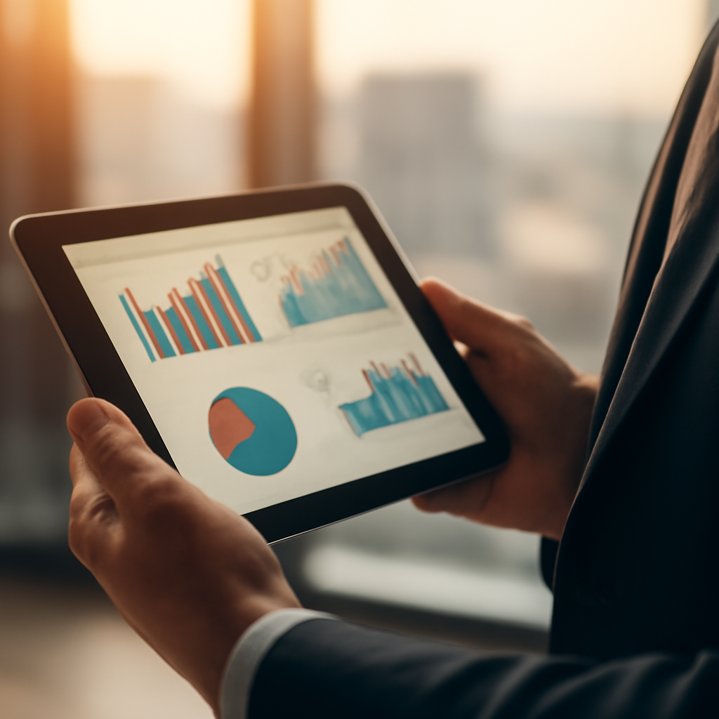 A close-up of financial charts and graphs displayed on a tablet held by a person in business attire, with blurred background of a modern office or a city skylin