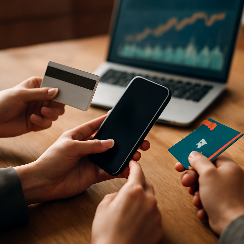 Interacțiunea dintre carduri, smartphone și aplicații financiare.