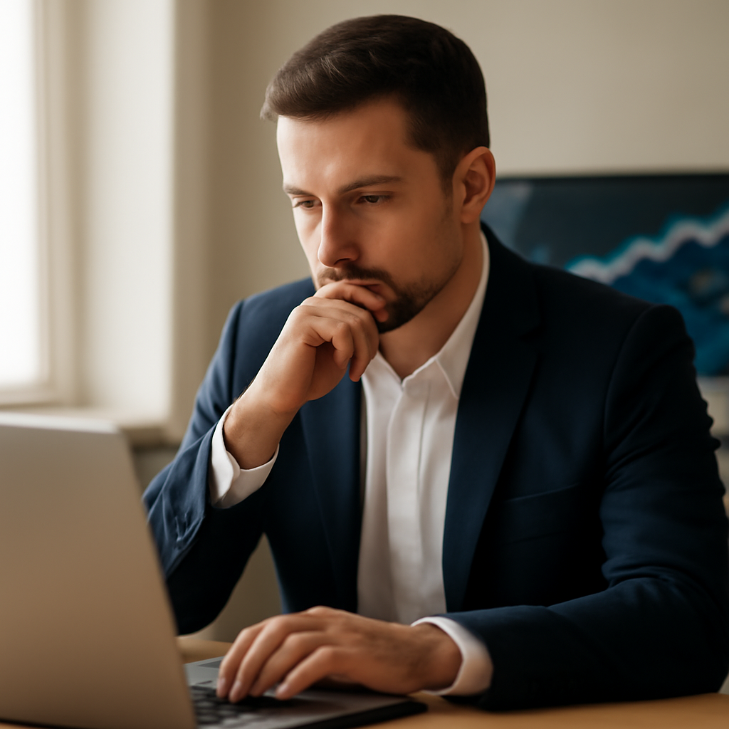 A professional Moldovan entrepreneur looking thoughtfully at a laptop screen in a modern office, with a subtle display of financial charts in the background, co