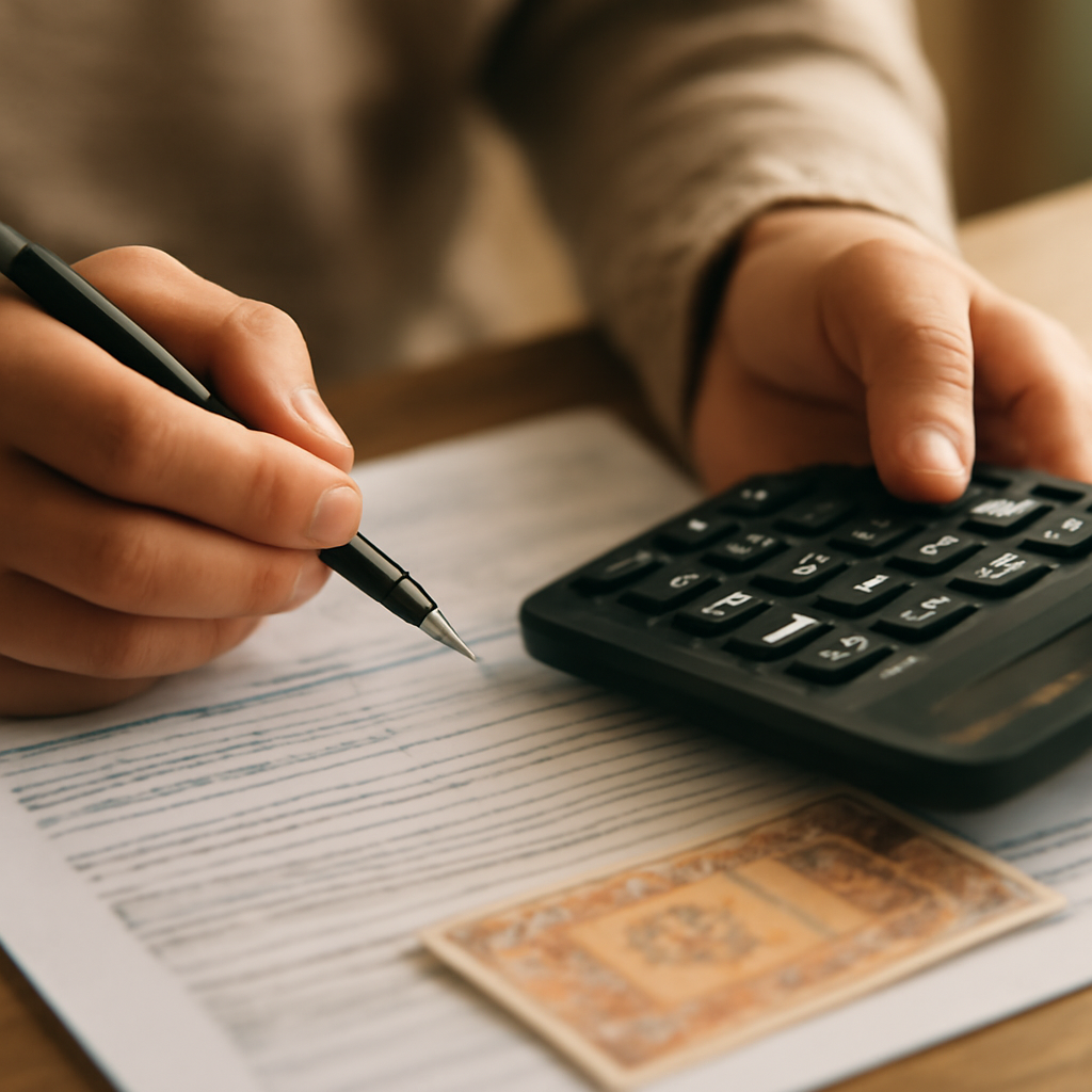 A close-up shot of hands holding a calculator and a pen over a tax form or financial statement, with a Moldovan Lei banknote subtly visible, emphasizing financi