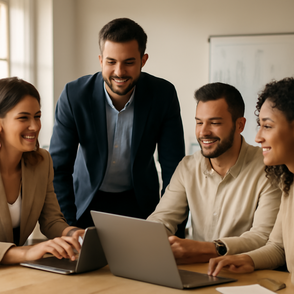 A diverse group of Moldovan entrepreneurs in a modern, well-lit office collaborating on a project. They are smiling, with laptops and a whiteboard in the backgr