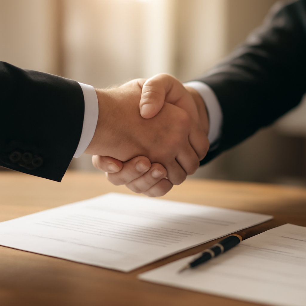 A close-up shot of hands shaking over a table with documents and a pen, symbolizing a successful business agreement or partnership. The background is slightly b