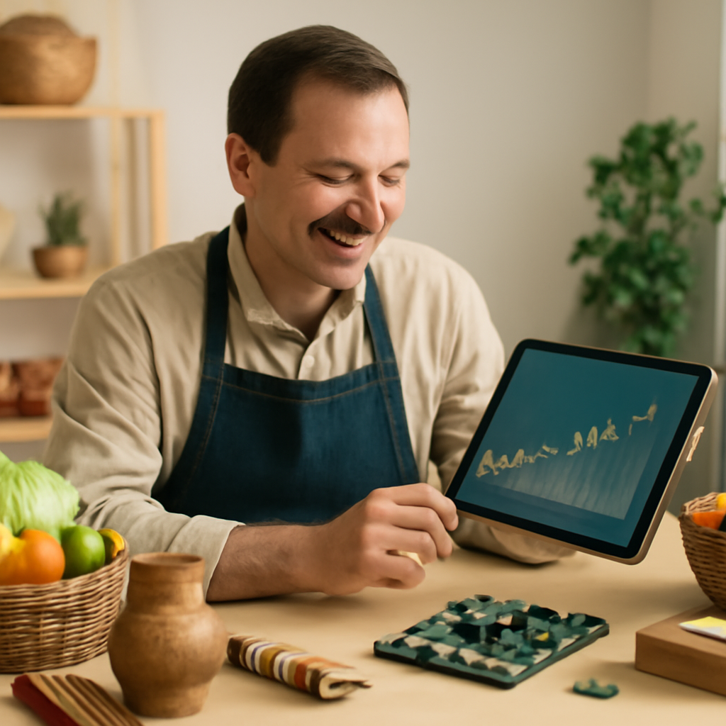 A small business owner in Moldova looking optimistically at a financial chart on a tablet, surrounded by products relevant to their business (e.g., local crafts