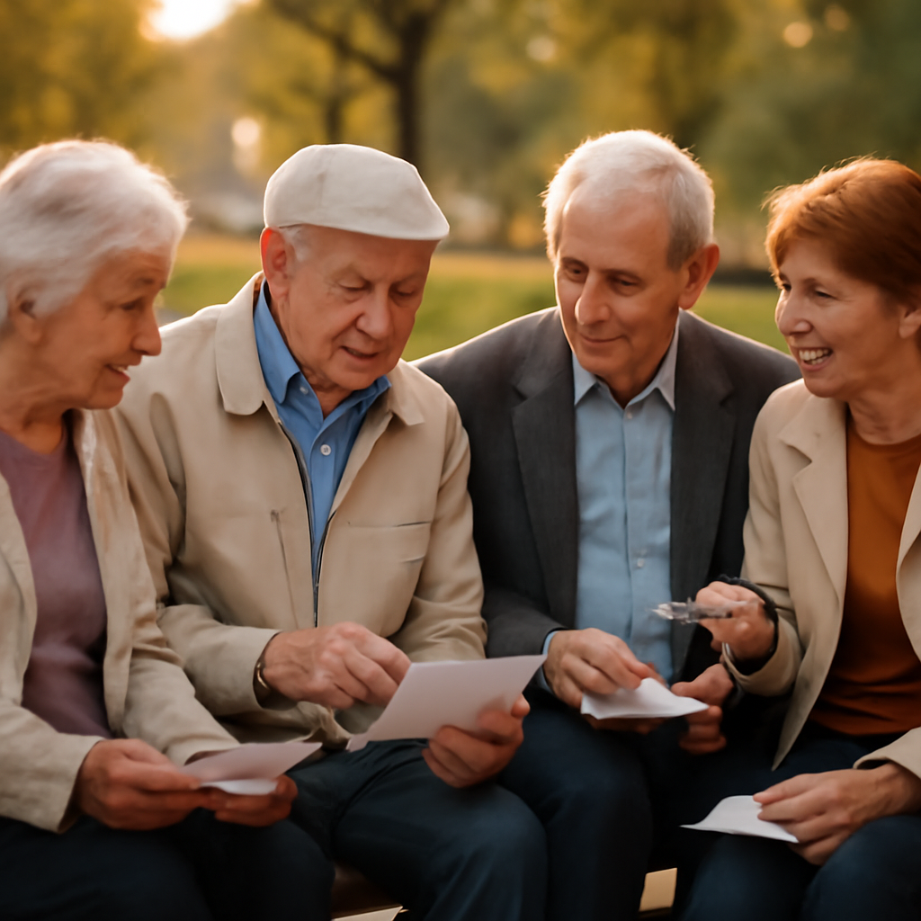 A candid shot of a group of elderly people in Chisinau, Moldova, sitting on a park bench, looking at documents or discussing, conveying a sense of community and