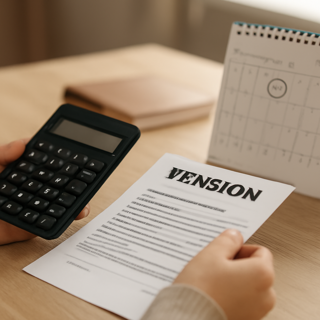 A professional, close-up shot of hands holding a calculator and pension documents on a modern desk, with a calendar marked for April 1st and July 1st, symbolizi