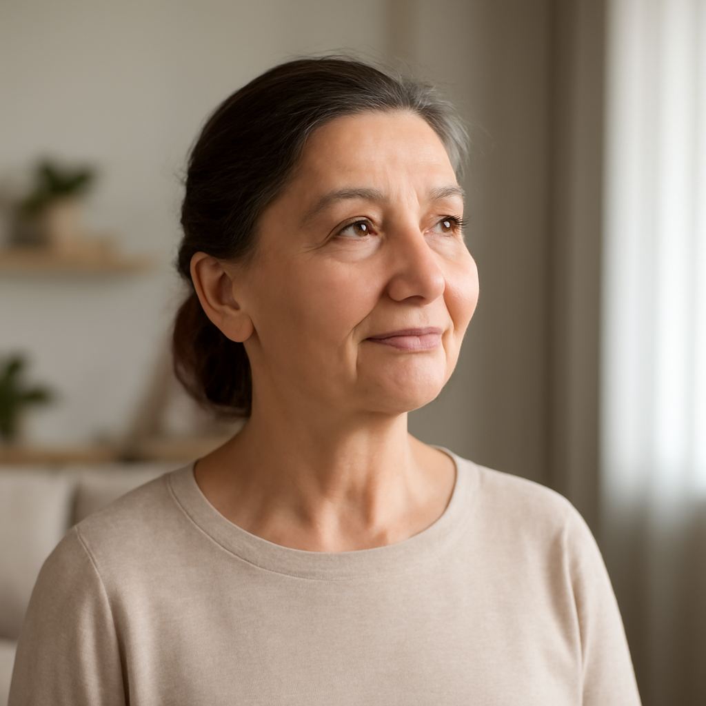 A thoughtful Moldovan woman, possibly in her late 50s or early 60s, looking confidently towards the future, perhaps with a subtle smile, in a bright, modern hom