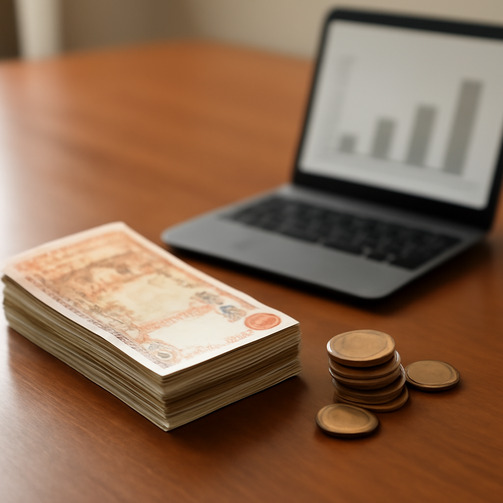 Bani moldovenești și un laptop deschis, simbolizând tranzacții și analize financiare.