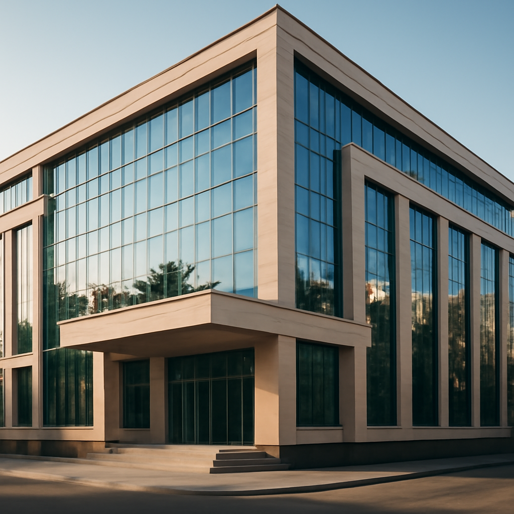 Clădire modernă de bancă în Chișinău, sugerând stabilitate financiară.