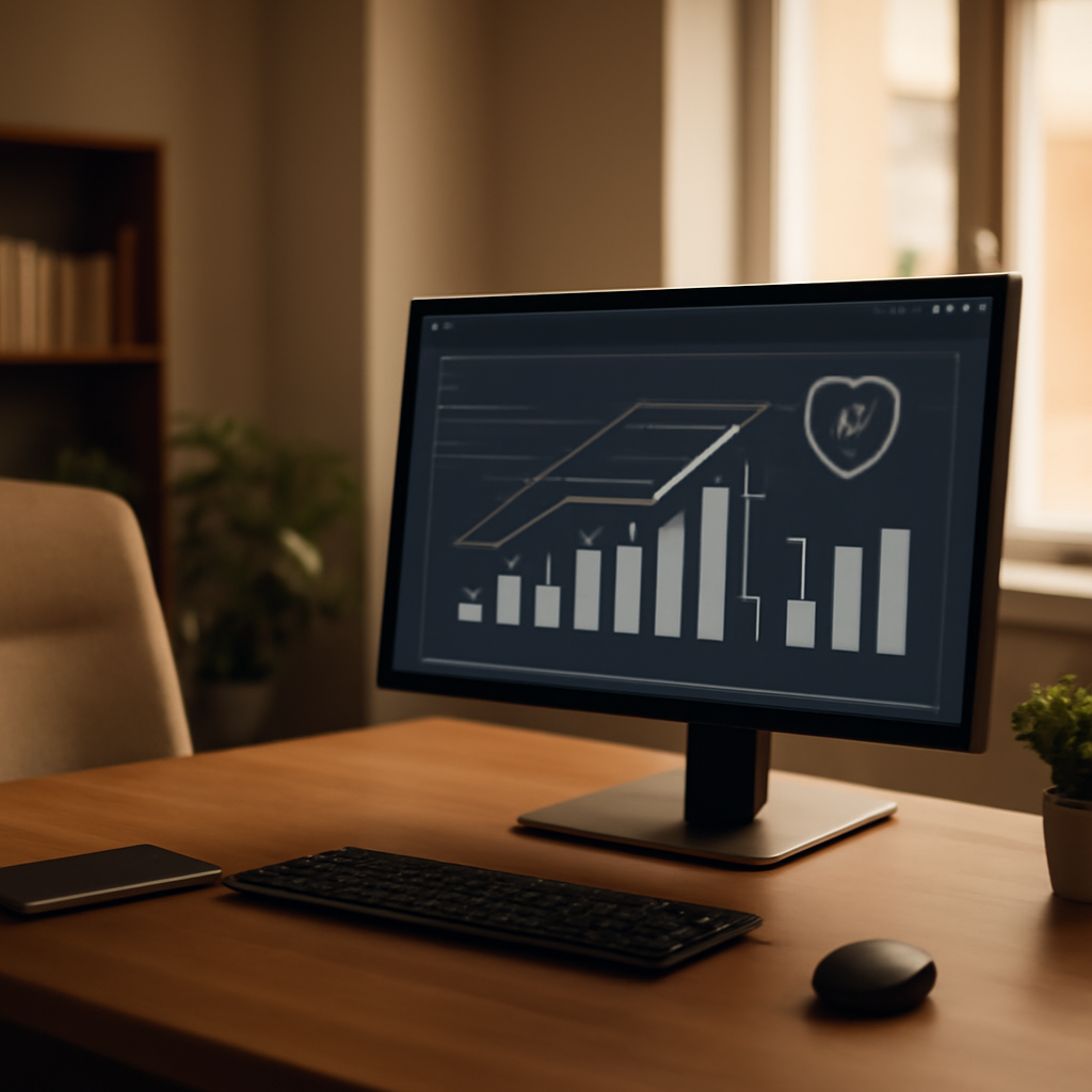 A professional-looking office space in Chisinau, Moldova, with a subtle digital interface showing insurance data or graphs on a monitor, reflecting modernizatio