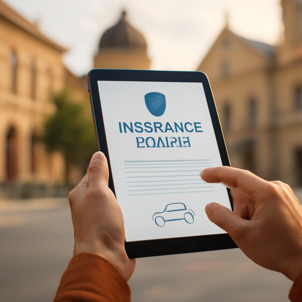 A person using a smartphone or tablet to purchase an insurance policy online, with traditional Moldovan architectural elements or city life blurred in the backg