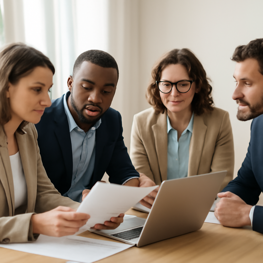 A group of diverse professionals, including men and women, collaborating in a bright, contemporary meeting room in Moldova, discussing documents or looking at a