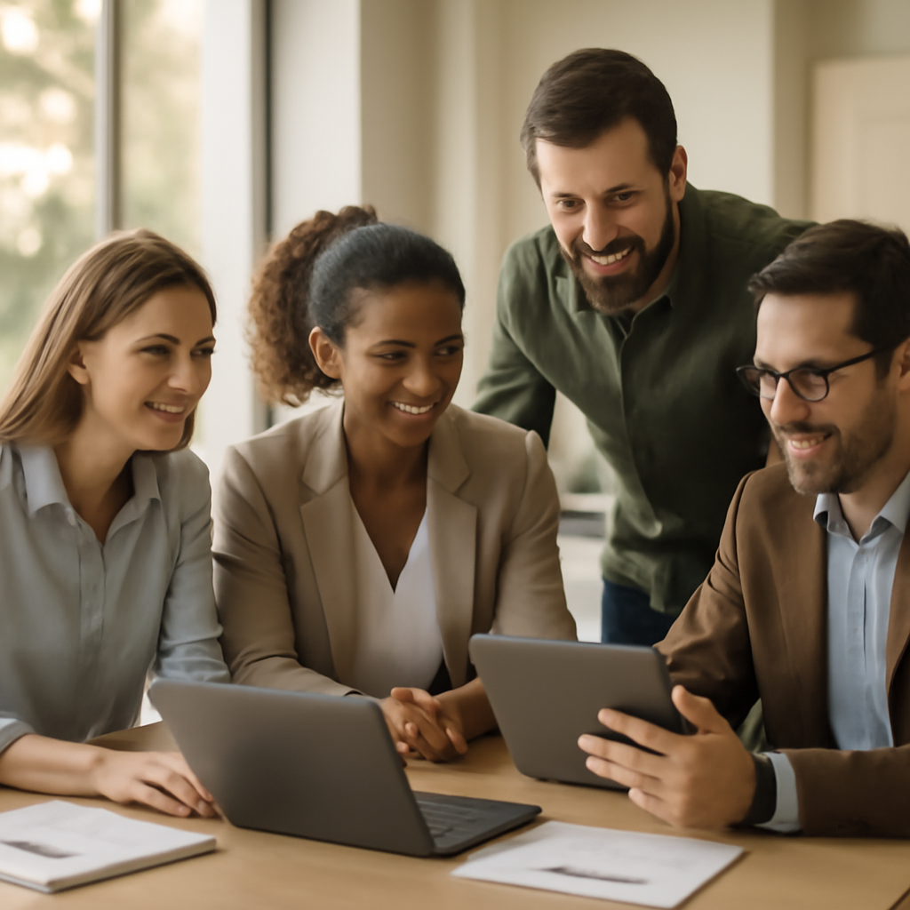 A diverse group of professionals working collaboratively in a modern, brightly lit office space in Chisinau, Moldova, showing a blend of technology and traditio