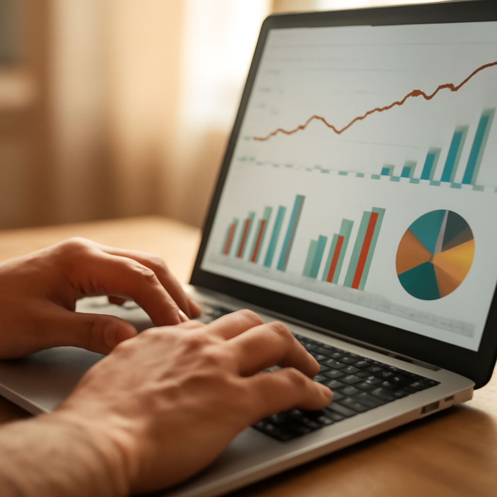 A close-up shot of hands typing on a laptop keyboard, with graphs and financial data visible on the screen, symbolizing economic analysis and growth in Moldova.
