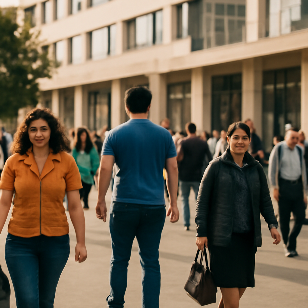 A bustling street scene in a Moldovan city, with people walking by, reflecting economic activity and the everyday lives of citizens, perhaps near a modern build