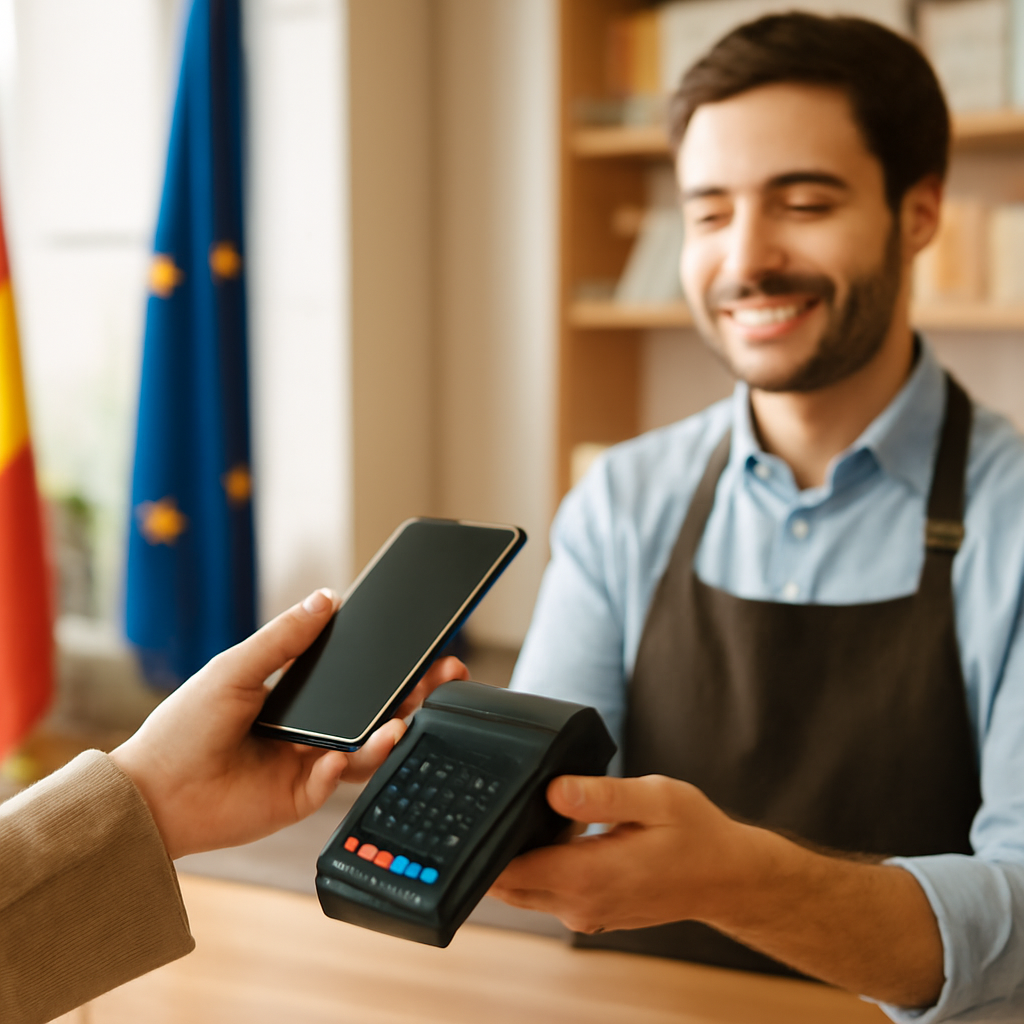 A person making a contactless payment with a smartphone at a modern shop in Chisinau, Moldova, with European flags in the background, a warm and professional to