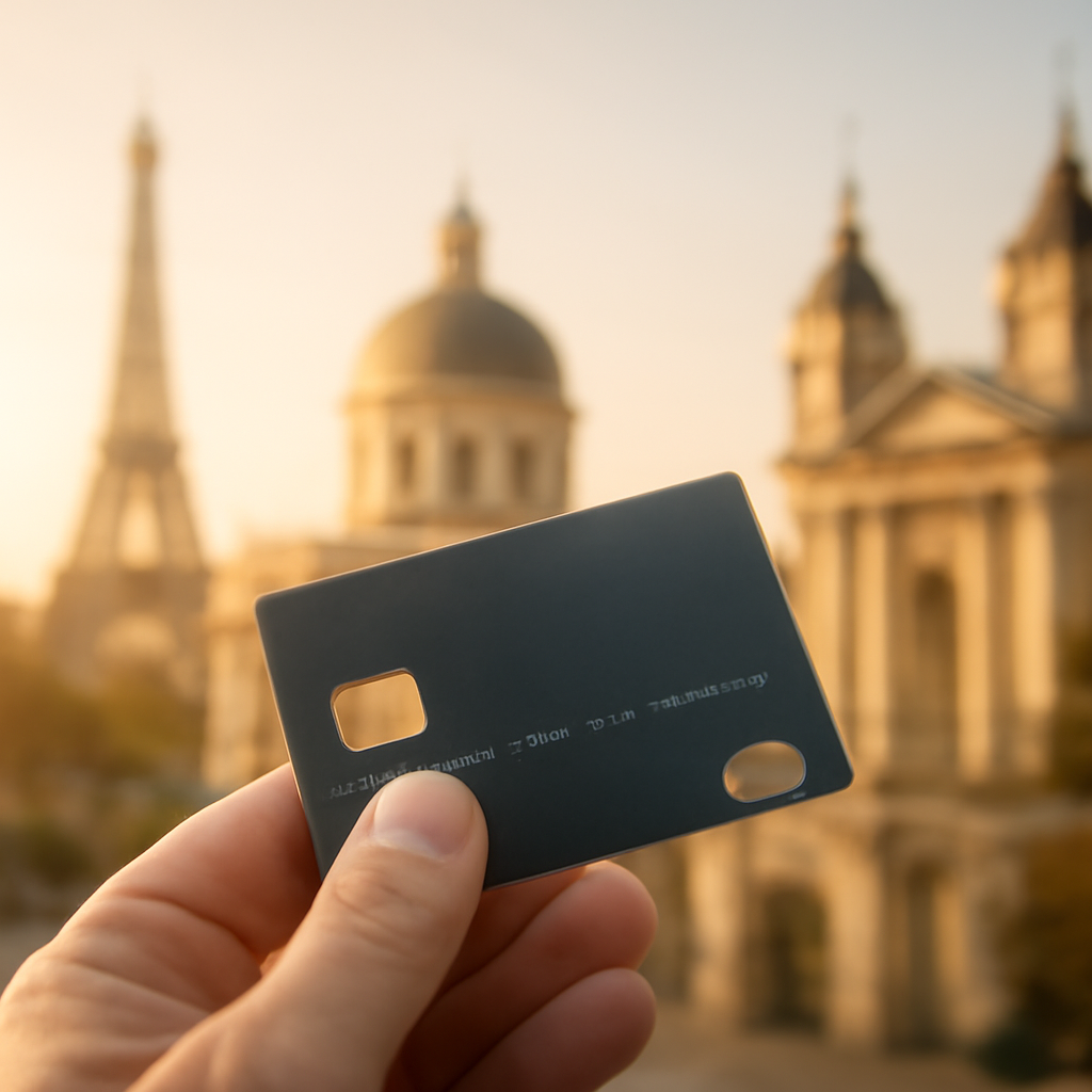 Close-up of a hand holding a credit card or smartphone, blurred background of iconic European landmarks and Moldovan architecture blending seamlessly, conveying