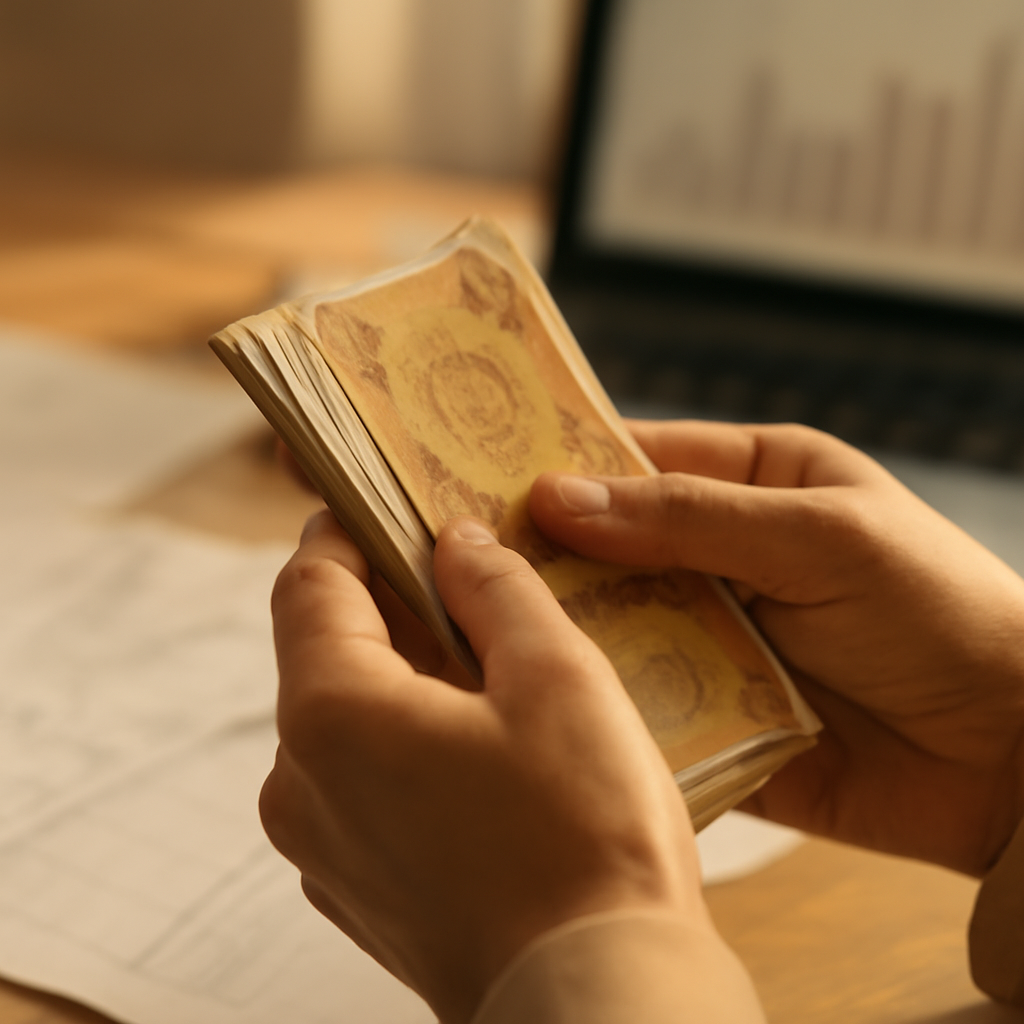 A close-up, warm-toned editorial shot of hands holding a stack of Moldovan Lei banknotes, with blurred financial documents or a laptop screen showing graphs in 