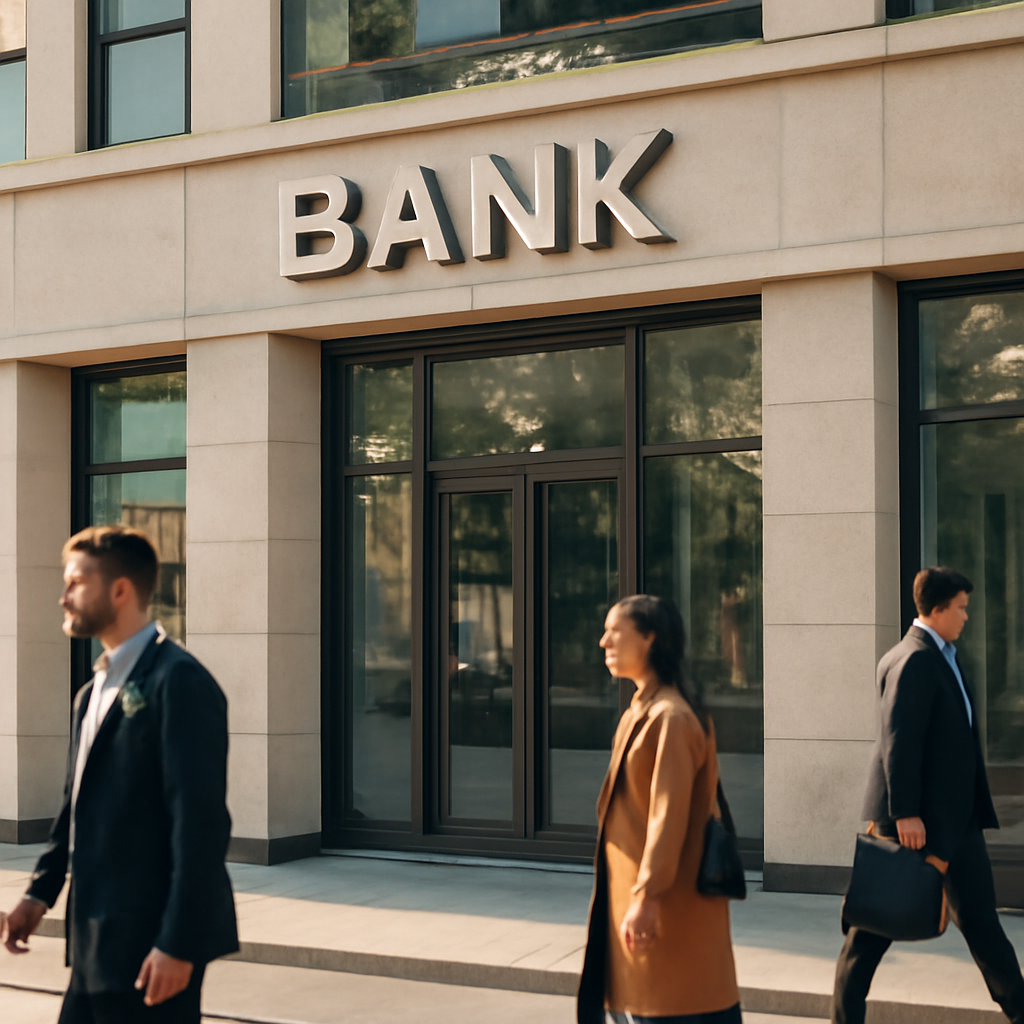A serene and professional photo capturing the modern architecture of a bank building in Chisinau, with people walking by, reflecting a sense of trust and everyd